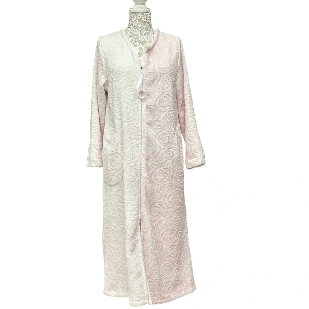 Ella Simone Pink Plush Zip Robe Floral Texture Long Sleeve Large, House Robe